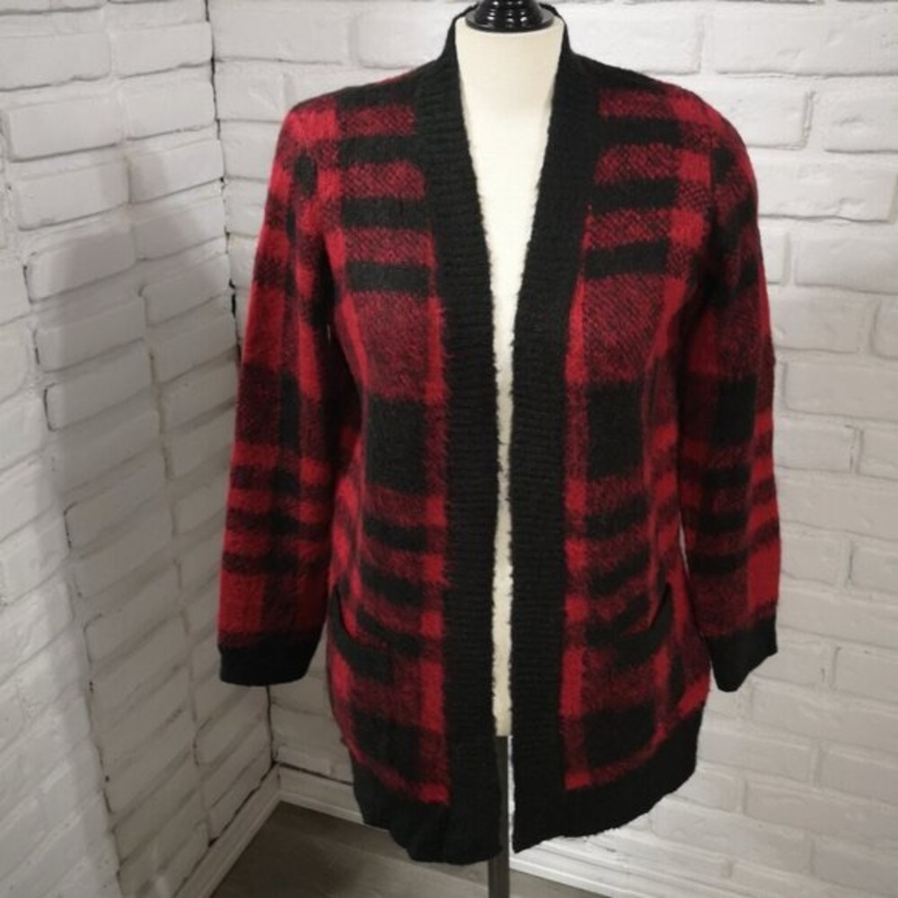 NWOT Rickis Ladies Size Small Red Black Check Straight Fit Open Cardigan